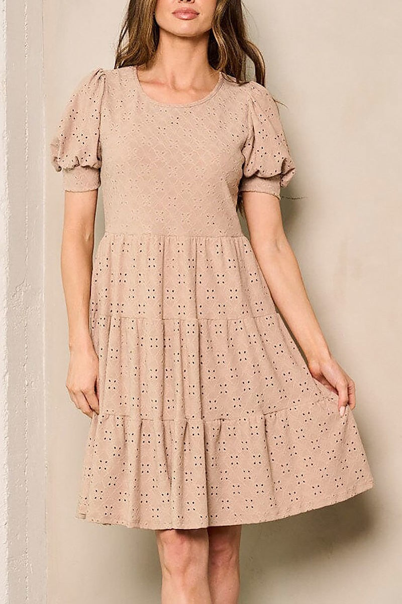 Short puff sleeves eyelet detailed mini dress (EFWT4242)