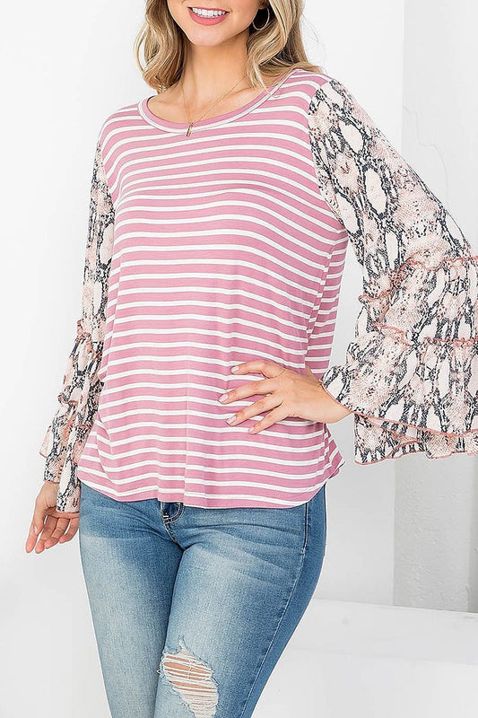 Boat neck stripe snake print bell sleeve top (EF4241)