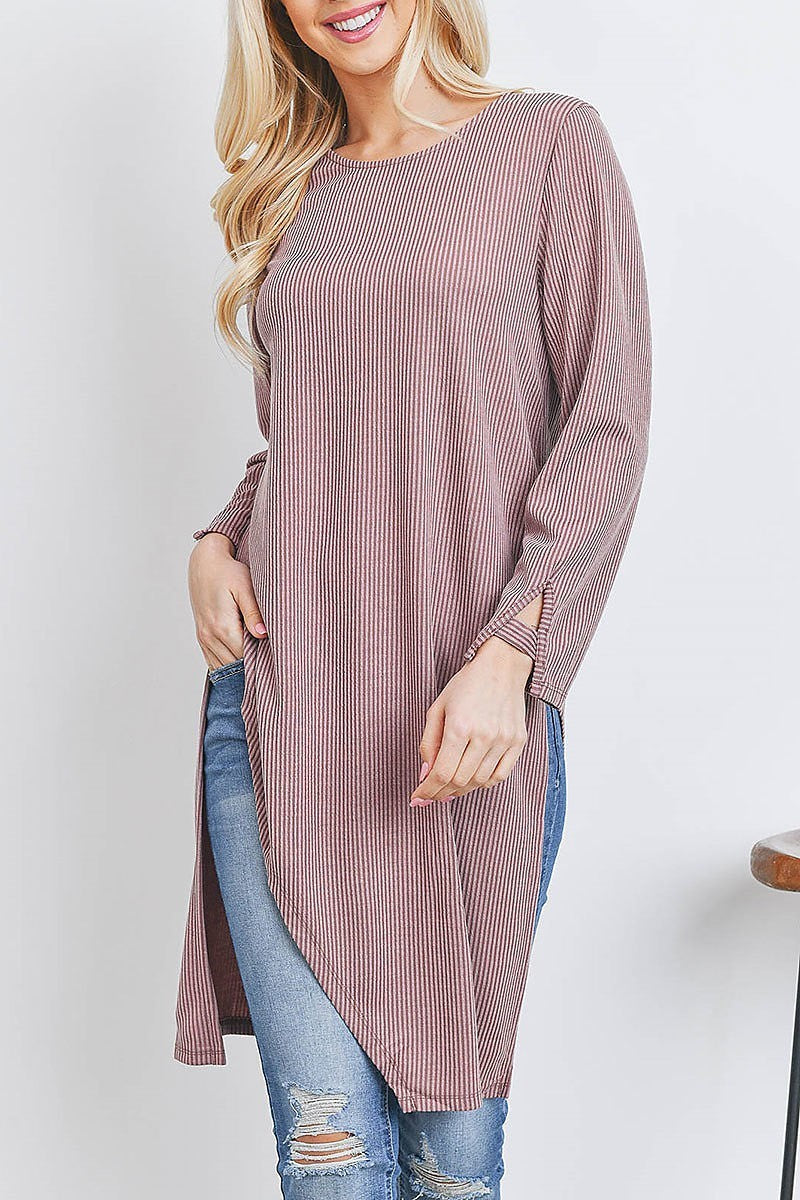 Cutout detail long tunic stipe top (EF2646)