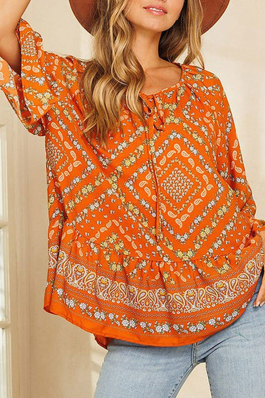 Long sleeve ruffle tunic multi print top (EDWT8502)