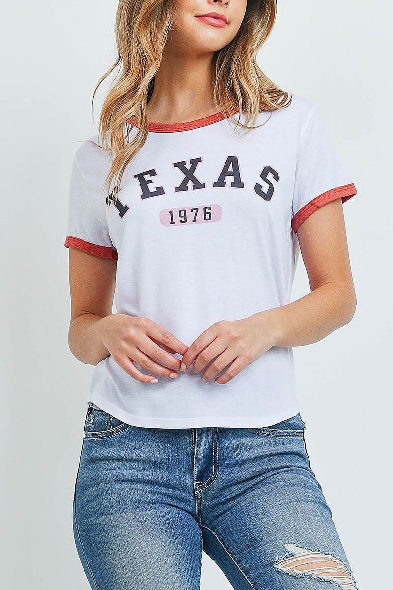 Round neck texas graphic color block top (ED9615)