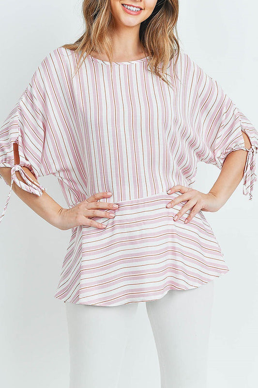 Tie sleeve boat neck stripe loose fit top (ED8587-2)