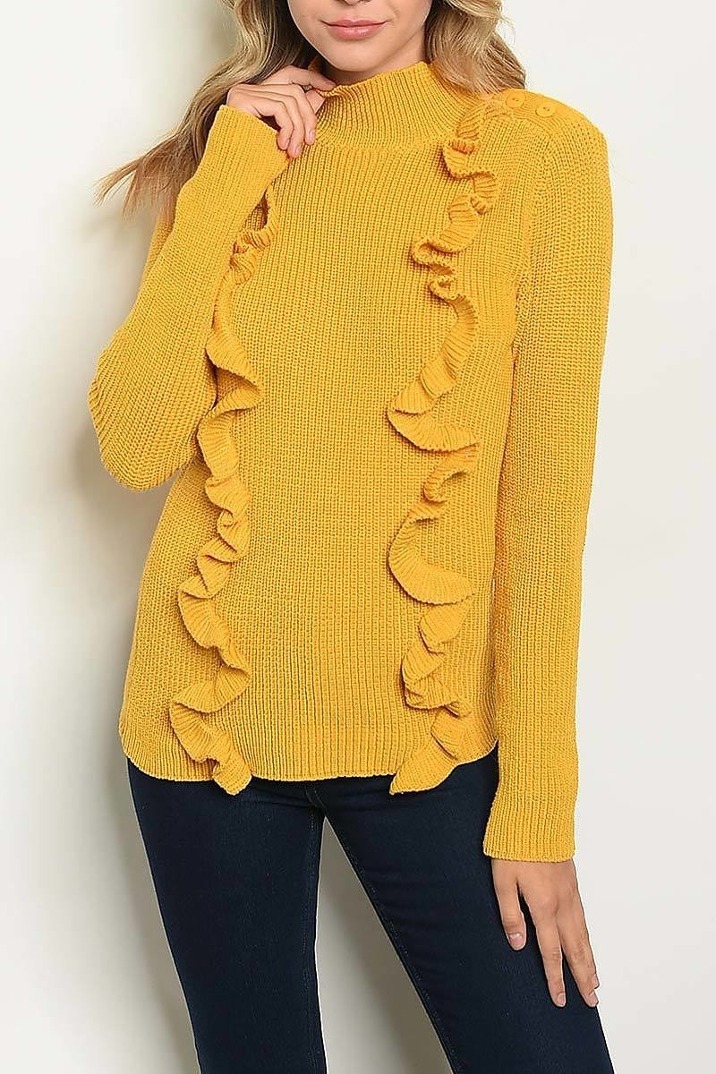 Mock neck button trimmed ruffle front sweater (DGS3460)