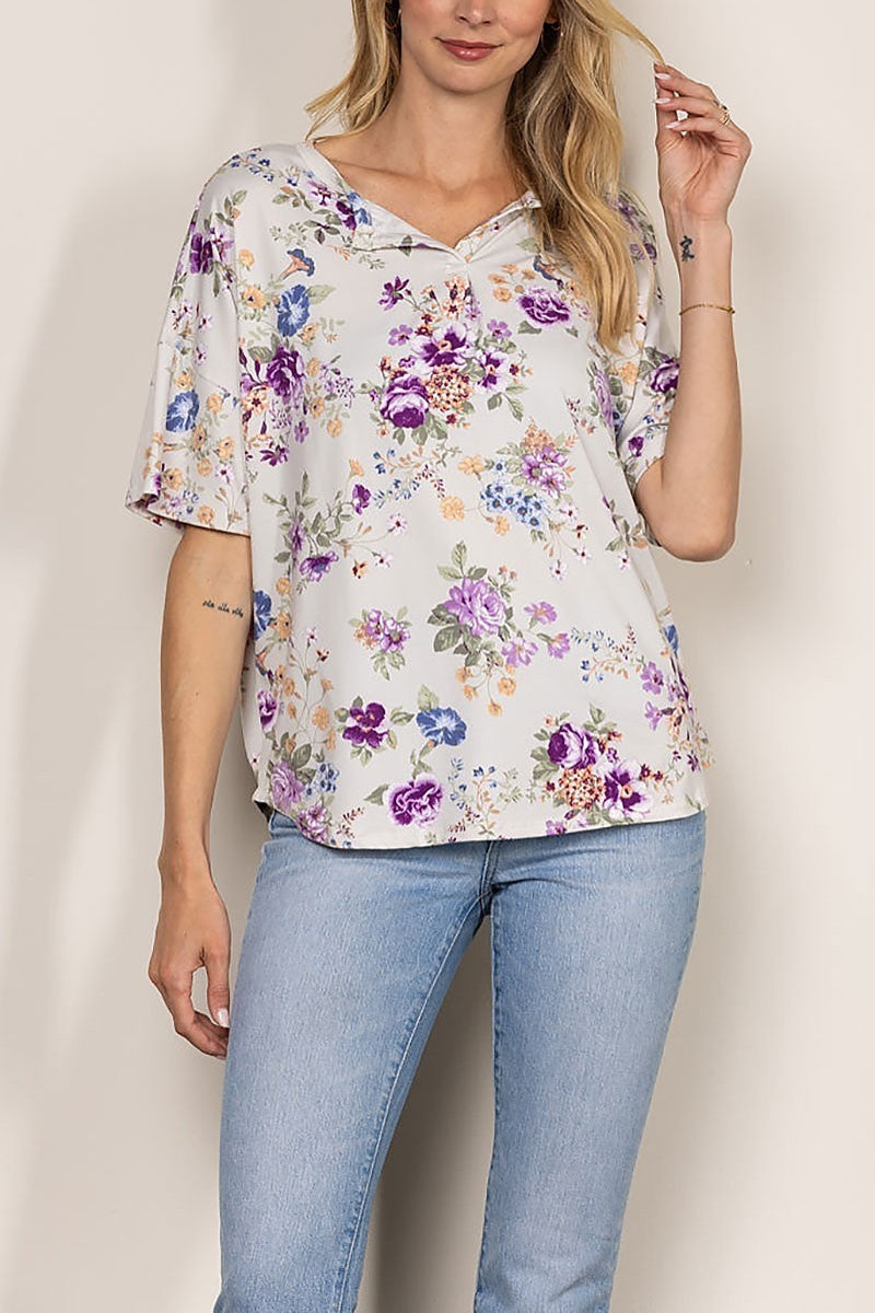 Wild floral print short sleeves knit top (EDSW4282)