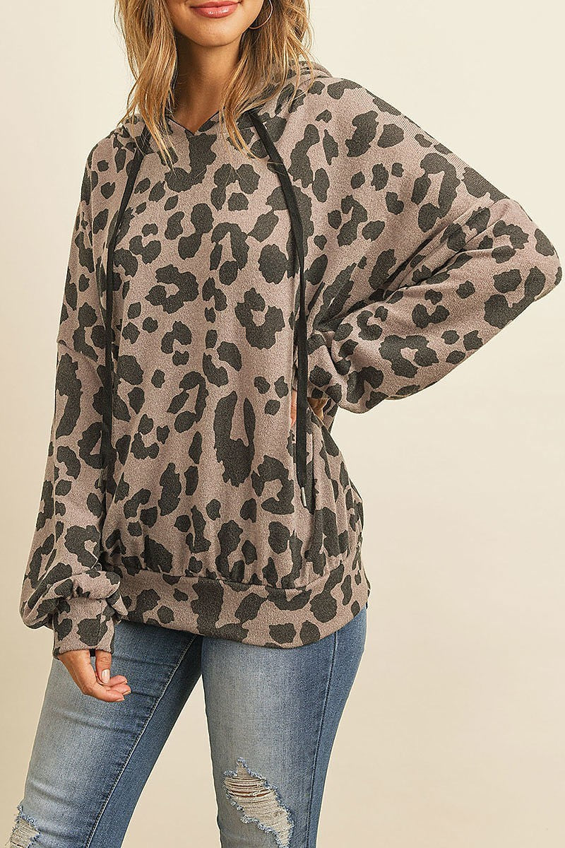 Animal print oversized puff long sleeve hoodie with drawstring (ED8186)