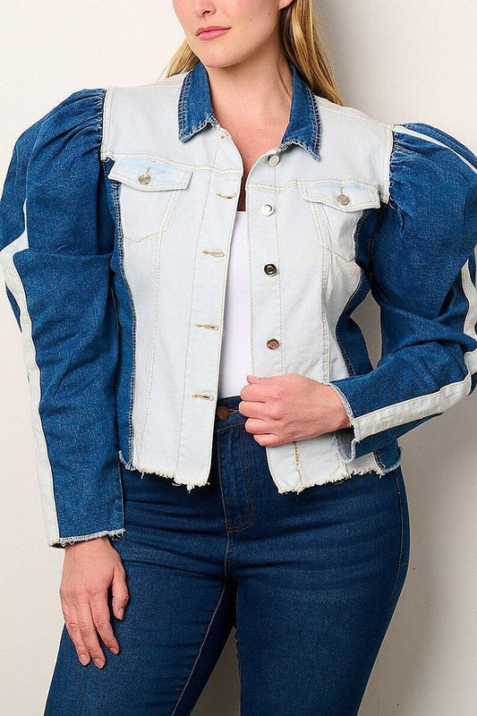 Puff sleeve button closure colorblock denim jacket (EFWT9037)