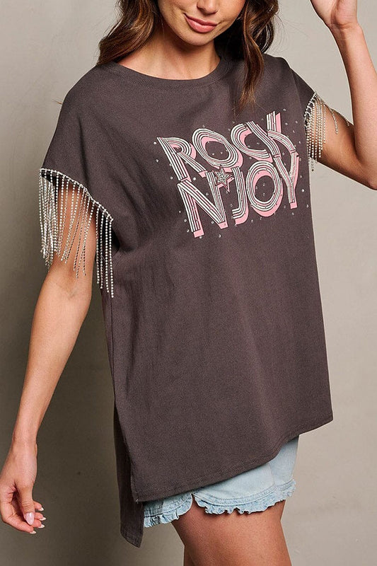 Short sleeve studs fringe graphic top (EGWT1660)