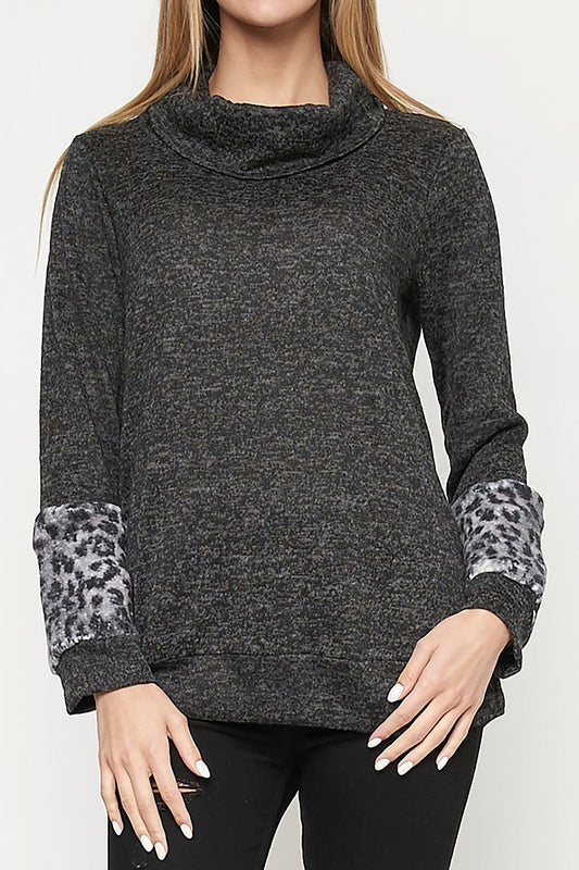 Cowl neck animal print fur trim sweater (DGC9773-LAST)