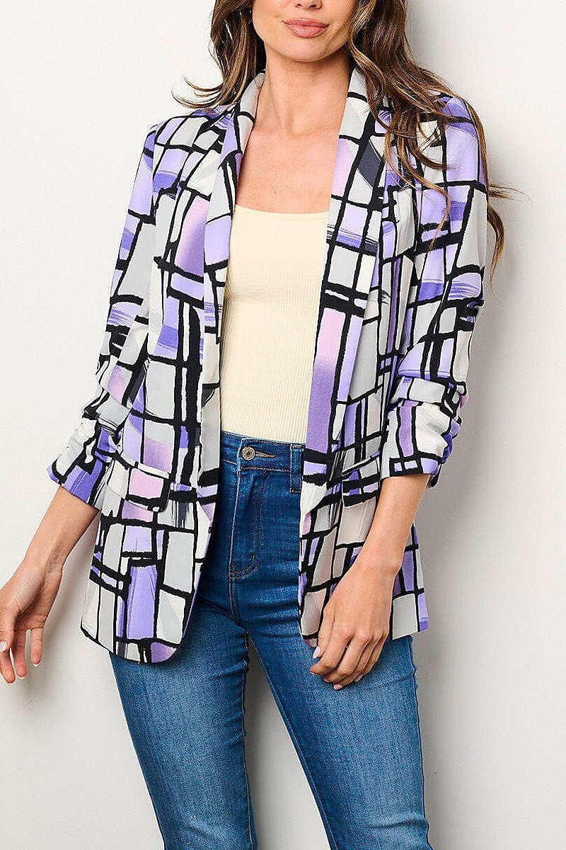 Ruched sleeves open front pockets printed blazer (EFWT9126)