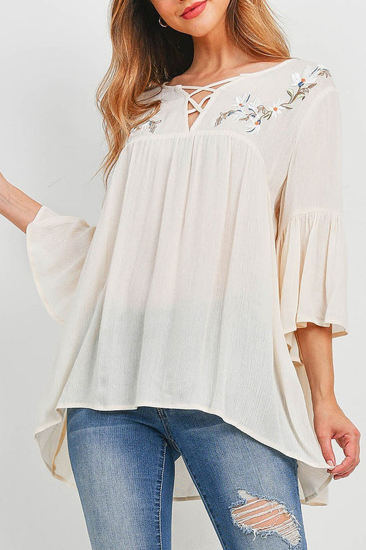 Floral embroidered crisscross neck tunic top (EF6262)