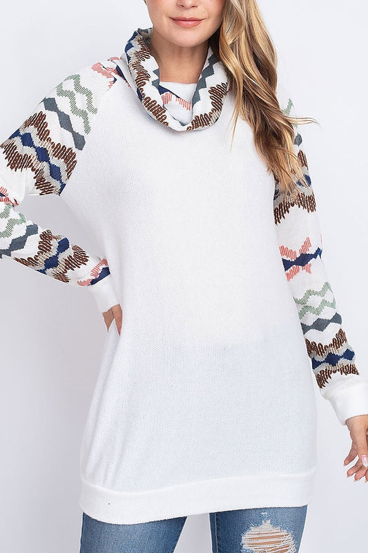 Geo print cowl and sleeve contrast top (EF1890)