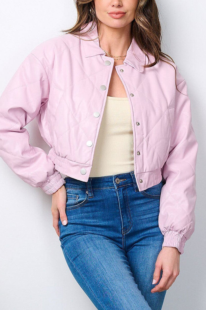 Button closure pockets pu pleather jacket (EFWT7146)