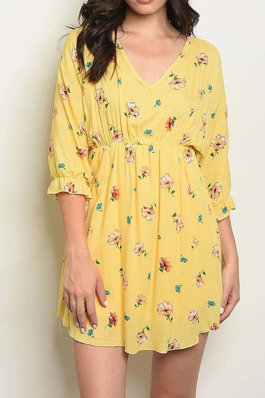 V neck floral print elastic waist dress (DED1499-LAST)