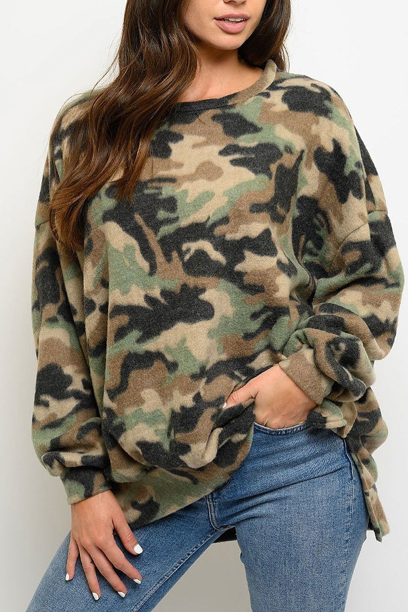 Brushed camo print long sleeve top (EDWT3166)