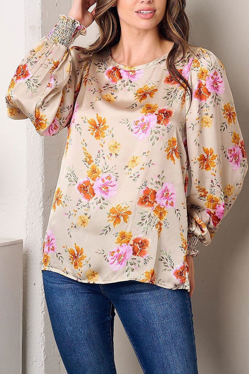 Long sleeve floral satin top (EFWT3001)