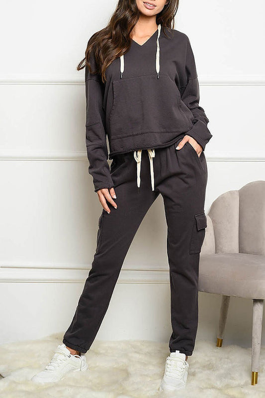 Solid hoodie cargo pocket self tie jogger set (EDWT4730)