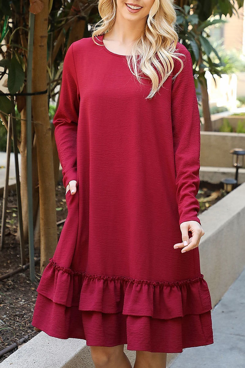 Long sleeve flat merrow detail hem woven dres (DED8891)