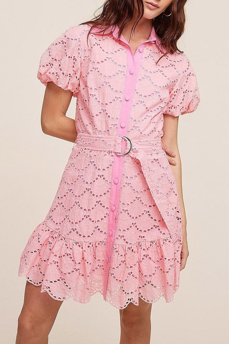 Short puff sleeve button up eyelet mini dress (EFWT5462)