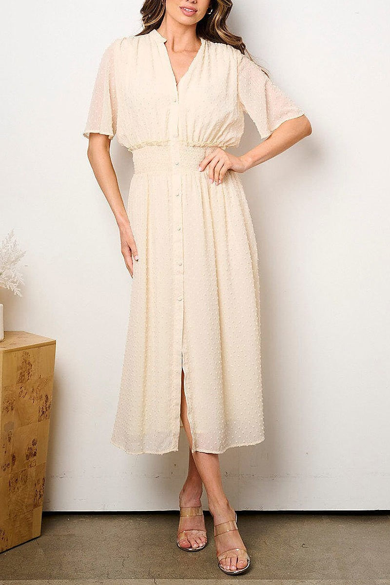 Short sleeve button up smock swiss dots maxi dress (EFWT8735)