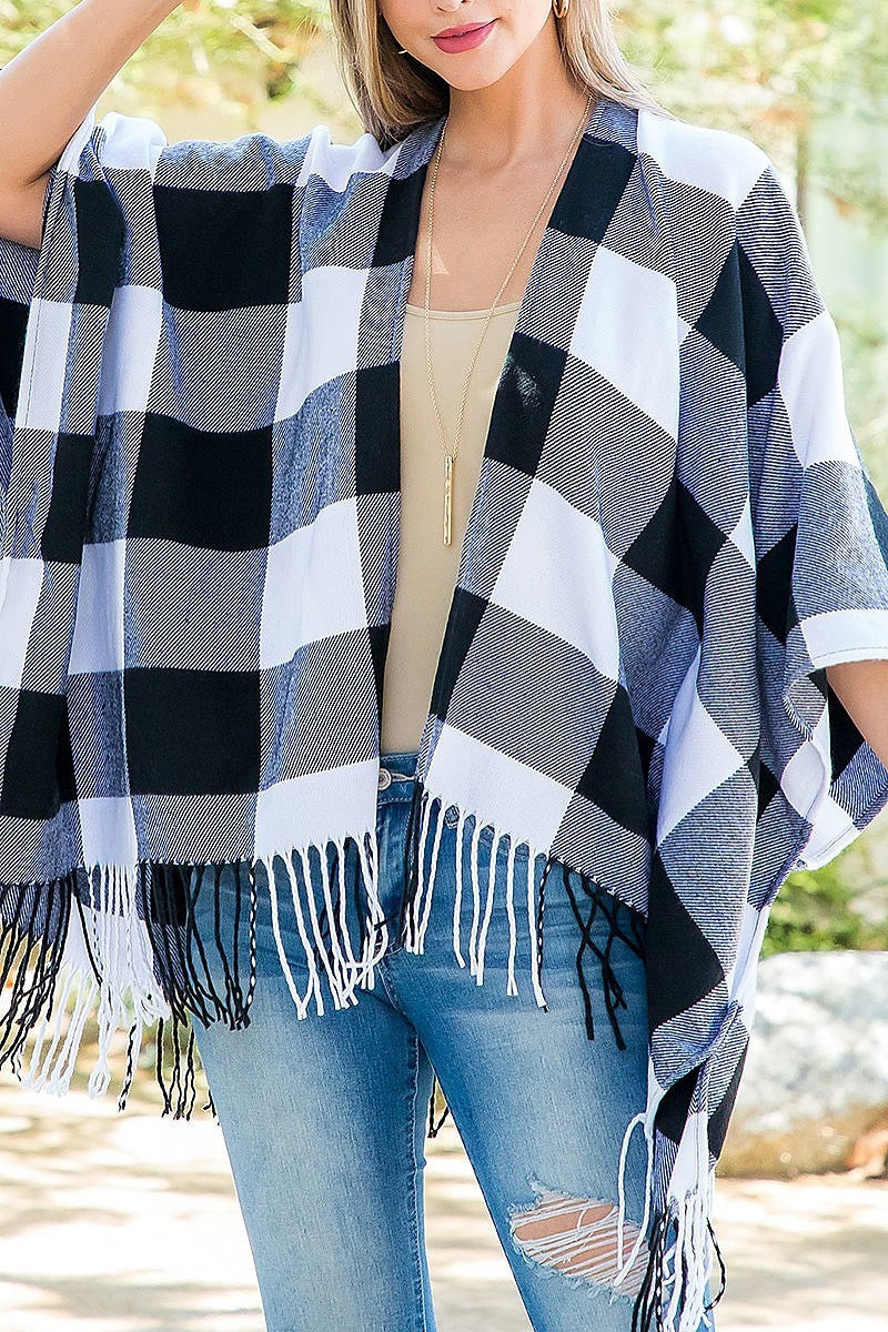 Plaid open front fringe kimono (DGS5876)