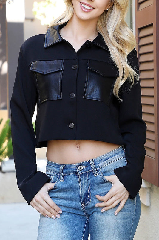 Long sleeve leather pocket contrast crop top (DGS6391)