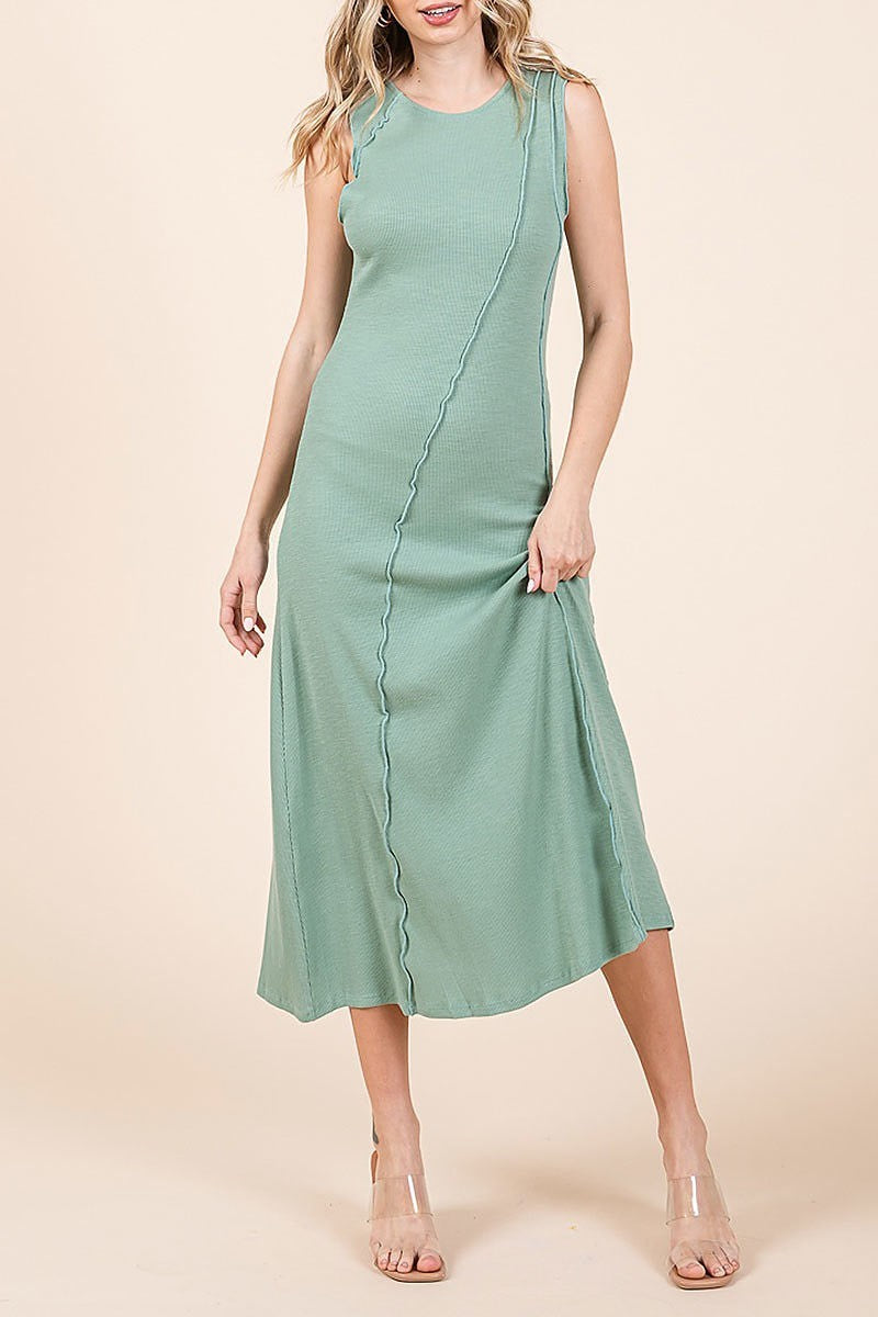 Solid sleeveless exposed seam rib knit midi dress (EDH2163)