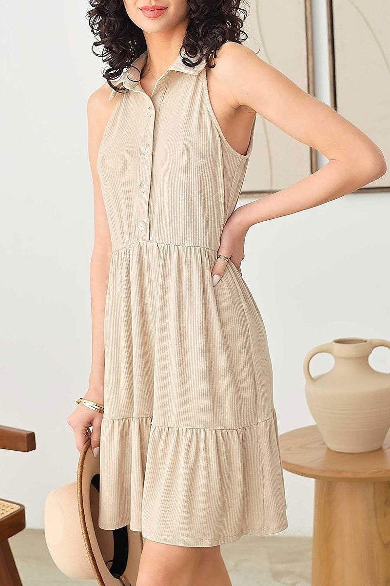 Collared button front ruffle hem dress (TED2581)