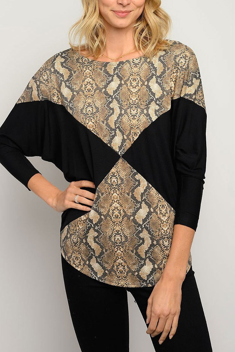 Long sleeve animal print color block top (EDWT3259)