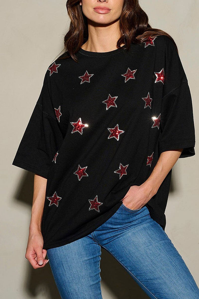 Sequins stars patriotic tunic blouse top (EFWT9744)