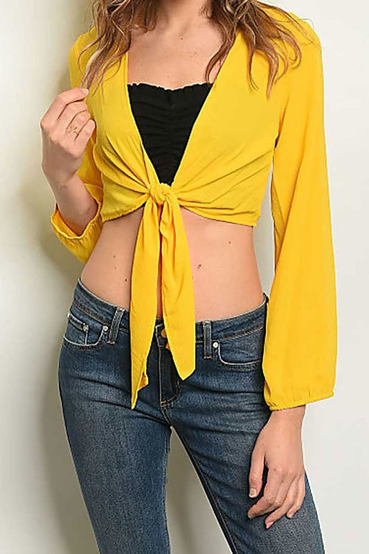 Peasant sleeve v neck tie front top (EF7692)