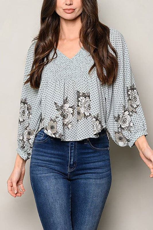 Long sleeve v neck peplum floral top (EDWT9711)