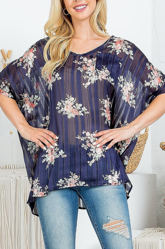 Stripe floral loose fit sheer top (EF4453)