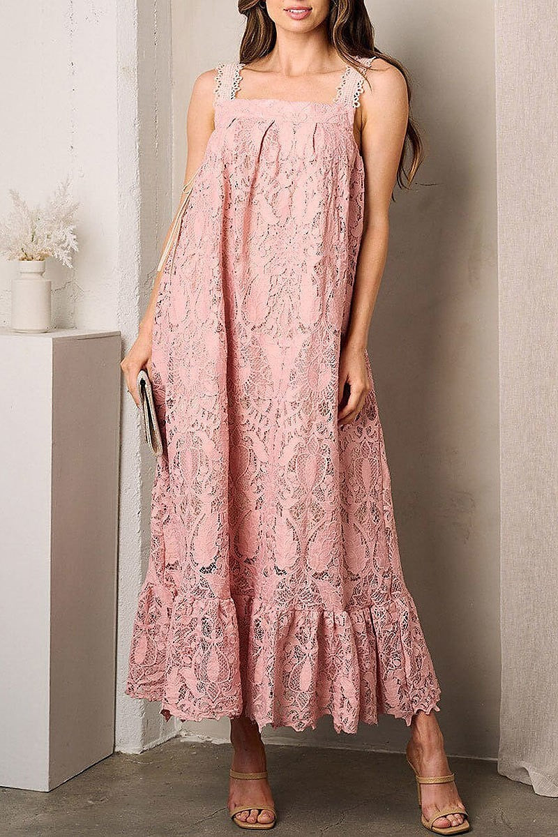 Sleeveless square neck tunic lace maxi dress (EFWT3526)