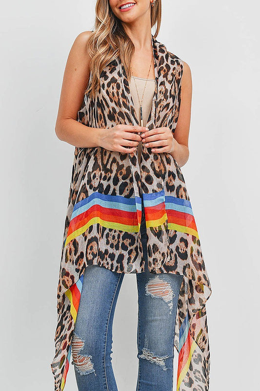 Rainbow stripe animal print asymmetrical hem vest kimono (EF1733)