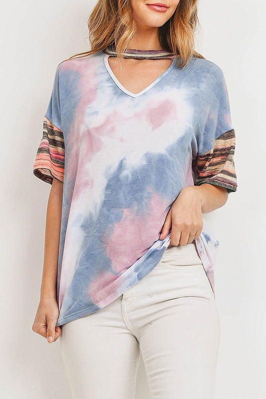 Stripe tie dye choker neck color block top (ED8931-LAST)