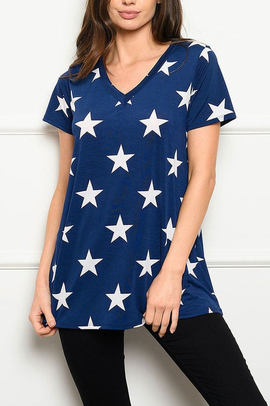 Short sleeve v neck stars print top (EDWT4357)