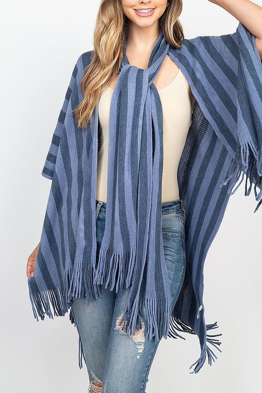 Stripe open front fringe kimono w scarf (DGS5453)