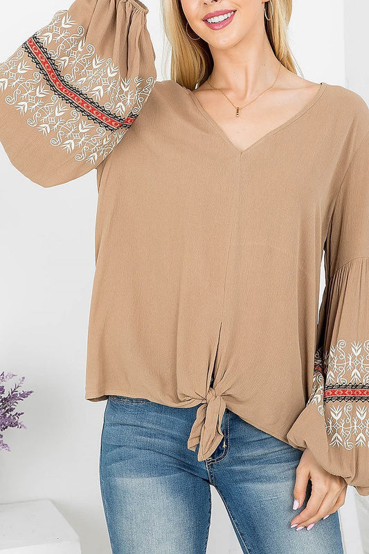 Embroidered detail bubble sleeve v neck top (EF4146)