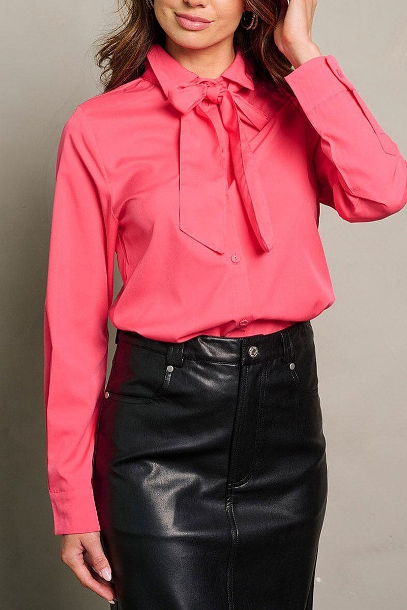 Long sleeve button up neck tie blouse top (EGWT1842)