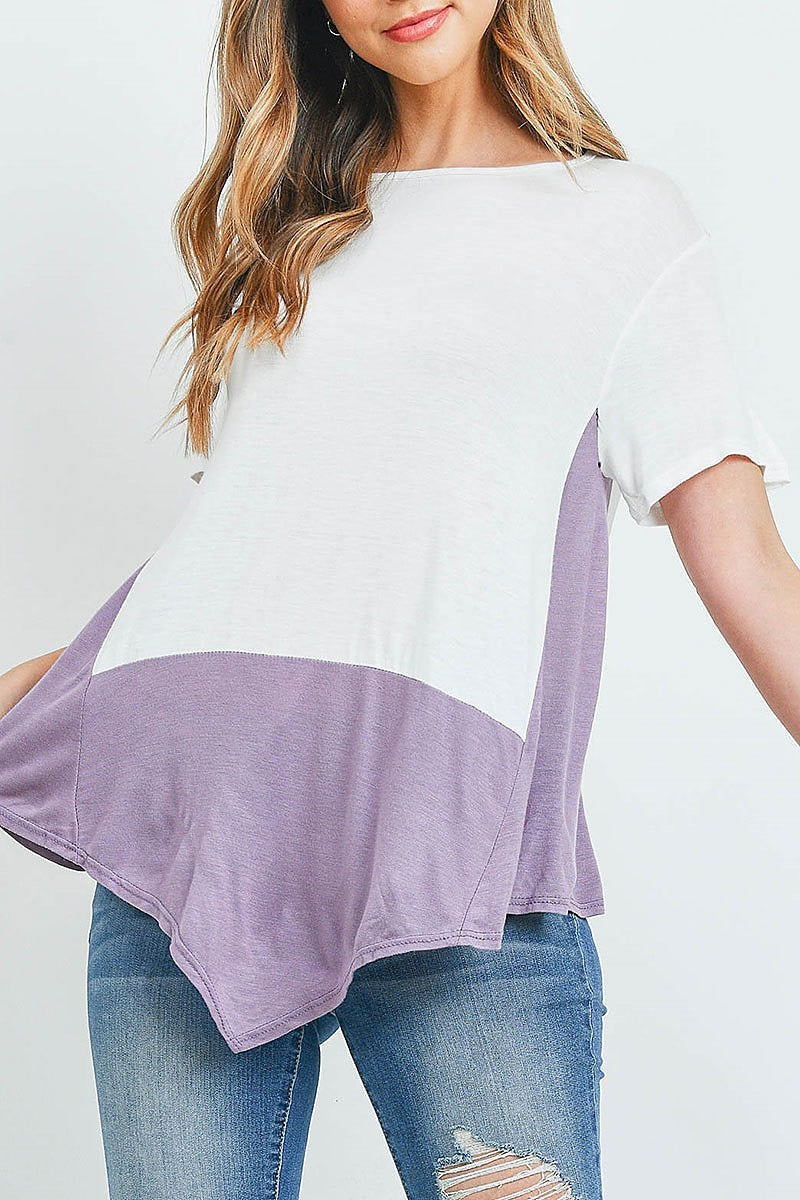 Asymmetrical hem color block top (ED9802)