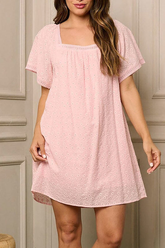 Short sleeve square neck eyelet tunic mini dress (EFWT6346)