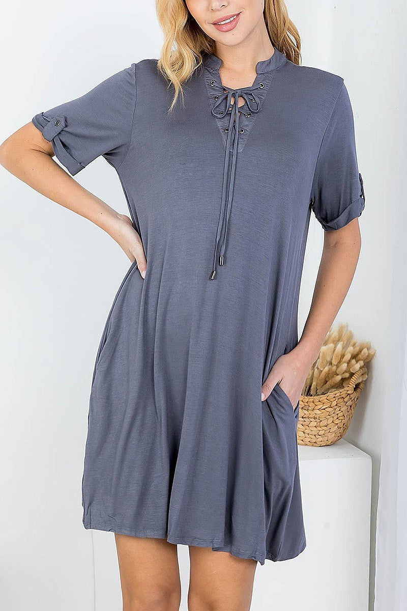 Lace up v neck detail roll up sleeve tunic dress (DED7698)