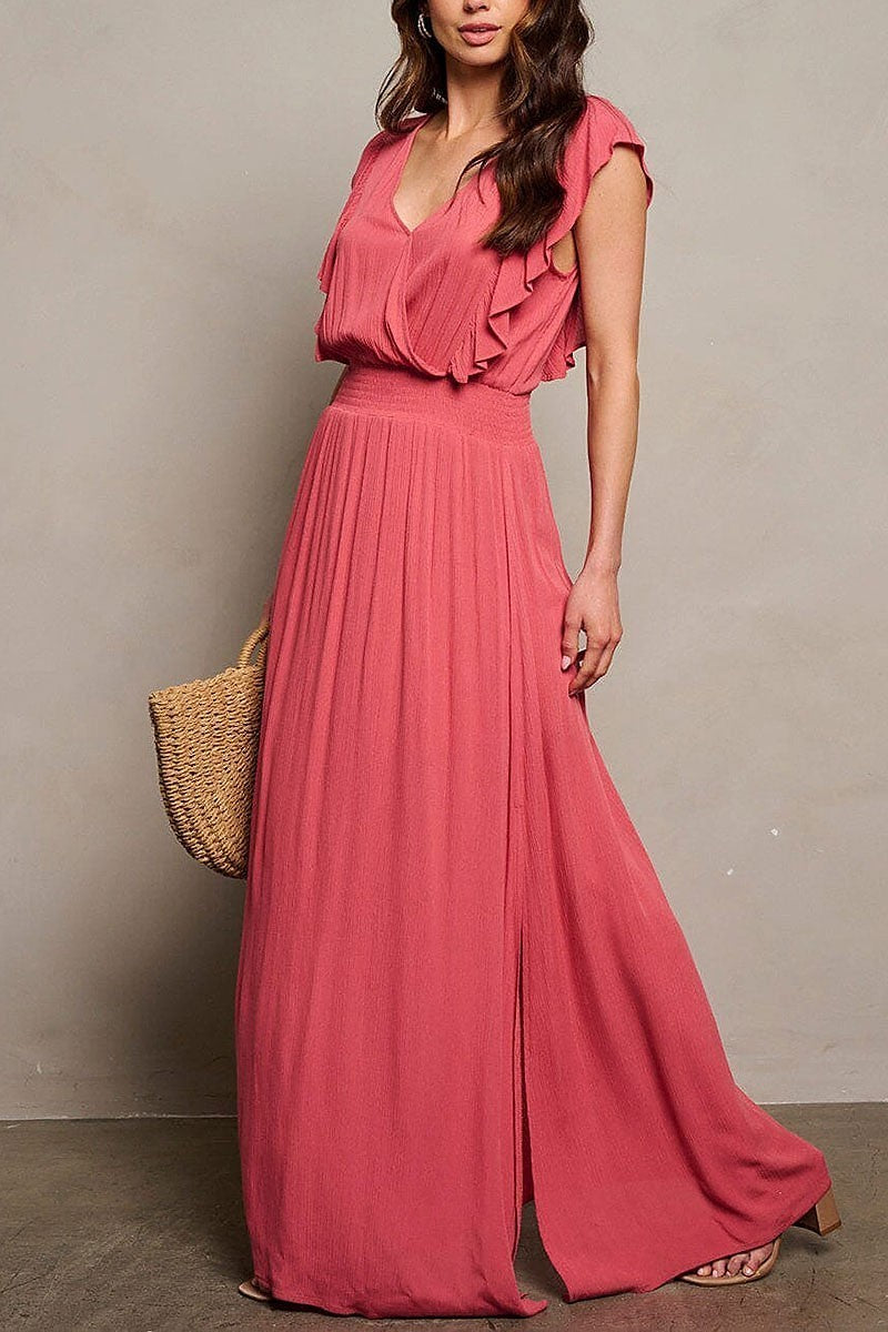 Short sleeve surplice smock waist maxi dress (EGWT1757)