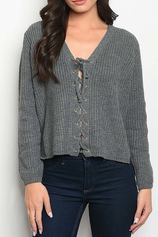 V neck lace up front sweater (DGS3775-LAST)