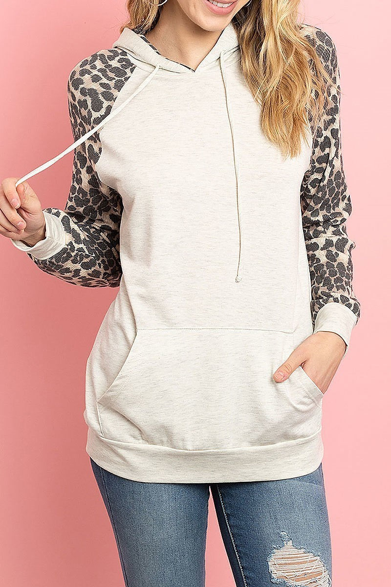 Leopard contrast kangaroo pocket hoodie with self tie (ED8349)