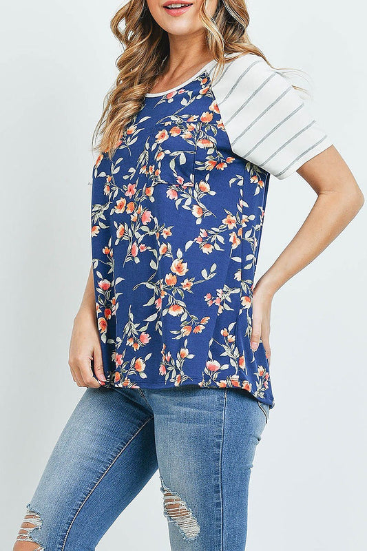 Stripe raglan sleeves floral print pocket top (ED9921)