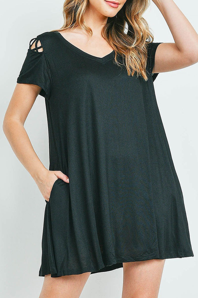 Crisscross detail cutout shoulder pocket dress (DED6164-2)