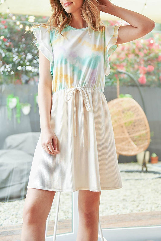 Tie dye layered cap sleeve rib detail contrast front ribbon dress (DED6208)