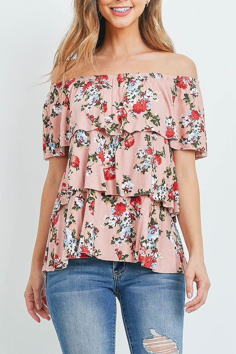 Off shoulder floral ruffle tiered layered top (ED8729-2)