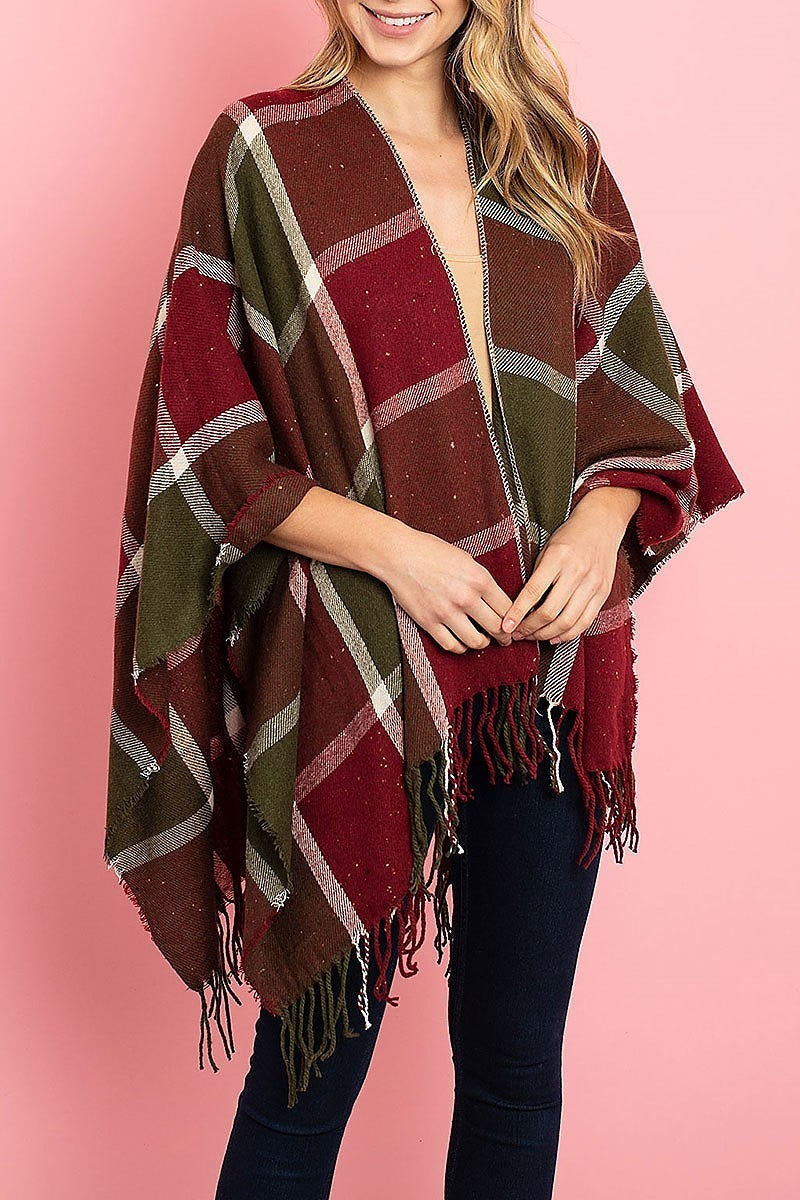 Fringe plaid poncho sweater (DGS4927)